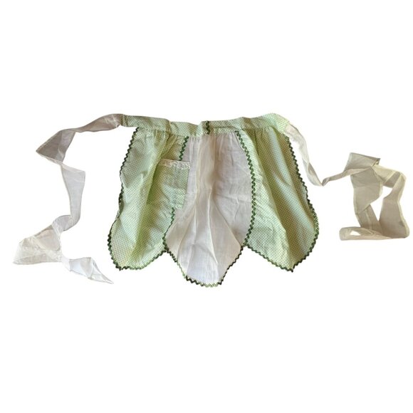 Vintage Green Polka Dot Apron Lace Pocket Scalloped Edges White Silk Organza - Picture 2 of 10